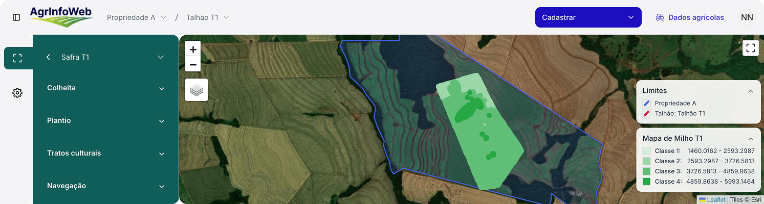 Interface do CoPADi: mapa de propriedade com camadas de dados agrícolas e painel de operação de máquinas