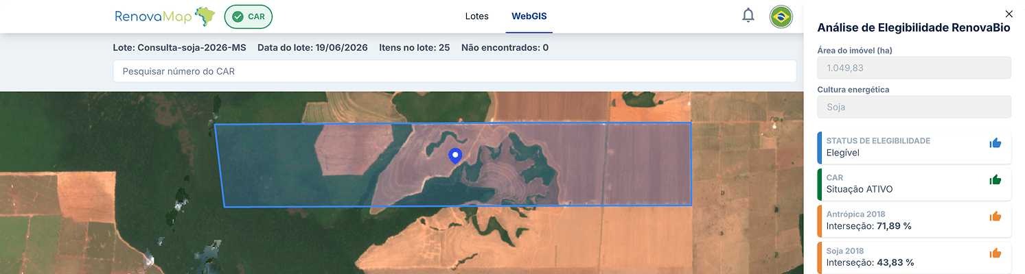 Interface do RenovaMap: mapa com polígonos de imóveis rurais e painel de análise de elegibilidade ambiental